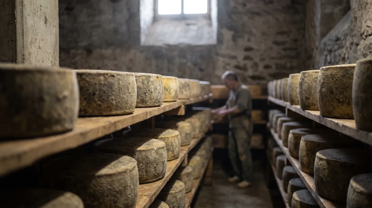 Forme di formaggio in stagionatura su scaffali di legno in una cella casearia