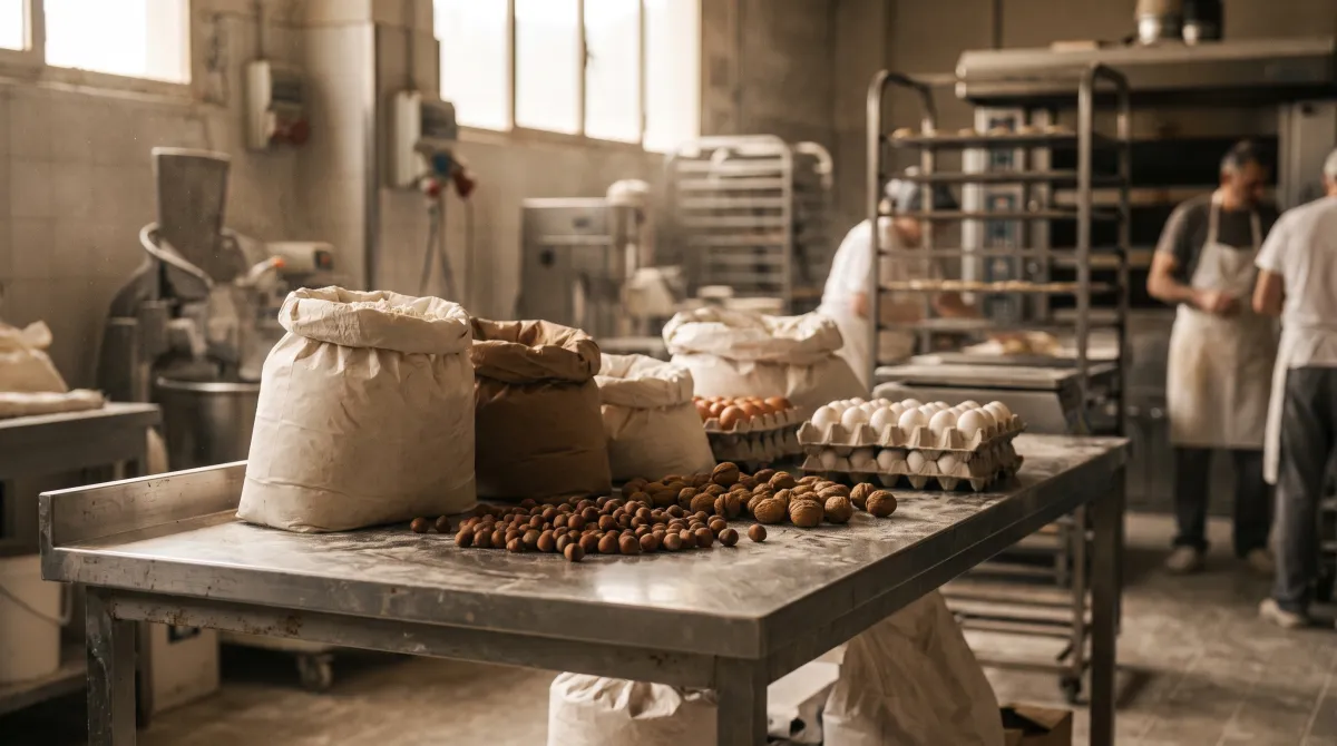 Farina, frutta a guscio e uova su un tavolo in acciaio in un laboratorio alimentare