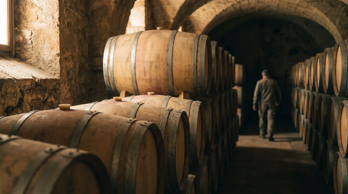 File di botti di rovere in una cantina in penombra con muri in pietra