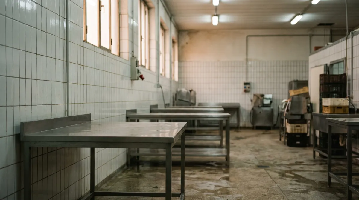 Sala di lavorazione alimentare vuota con piastrelle bianche e tavoli in acciaio inox