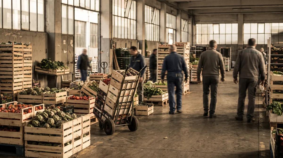 Mercato agroalimentare all'ingrosso all'alba con casse di prodotti e carrello a mano