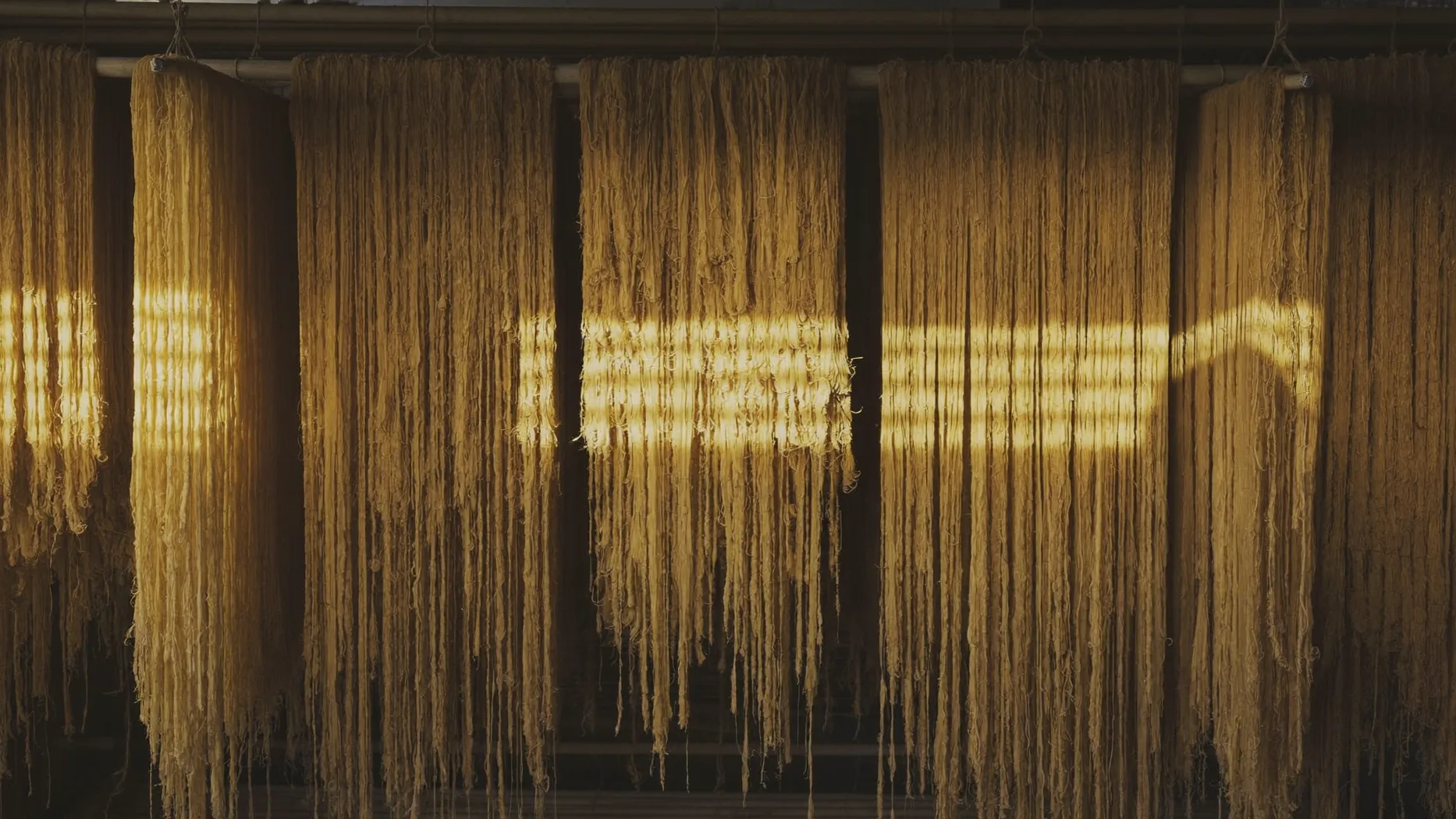 Matasse di pasta lunga appese ad asciugare in un essiccatoio con luce calda